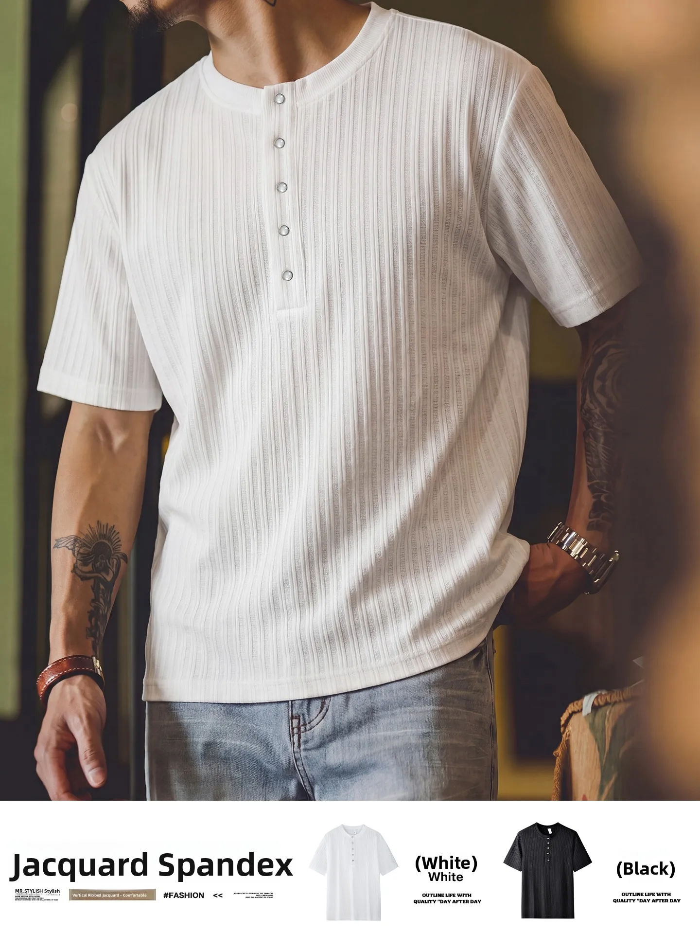 

White Henry Collar Short Sleeve Knitted T-Shirt Men's Loose Fit Commute Style Summer Casual Top Polyester Spandex Blend