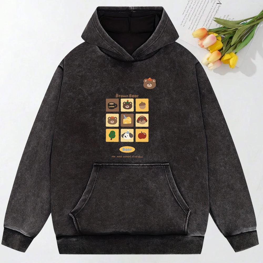 Cartoon Brown Bear Brain Printing Women Washed Hoodie All-Match Loose Hoodies Autumn Cotton Streetwear Casual Soft Clothing