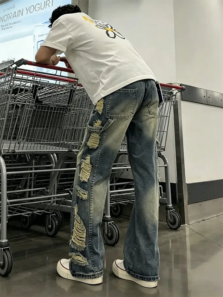 American Retro Blue Hole Jeans Men's High Street Vibe Flared Knife Design Sense Straight Leg Poor Man's Pants