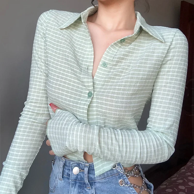 Retro Ladies Spring  Long-sleeved Short-slim Fashion Single-breasted Checkered Lapel Long-sleeved Single-breasted T-shirt