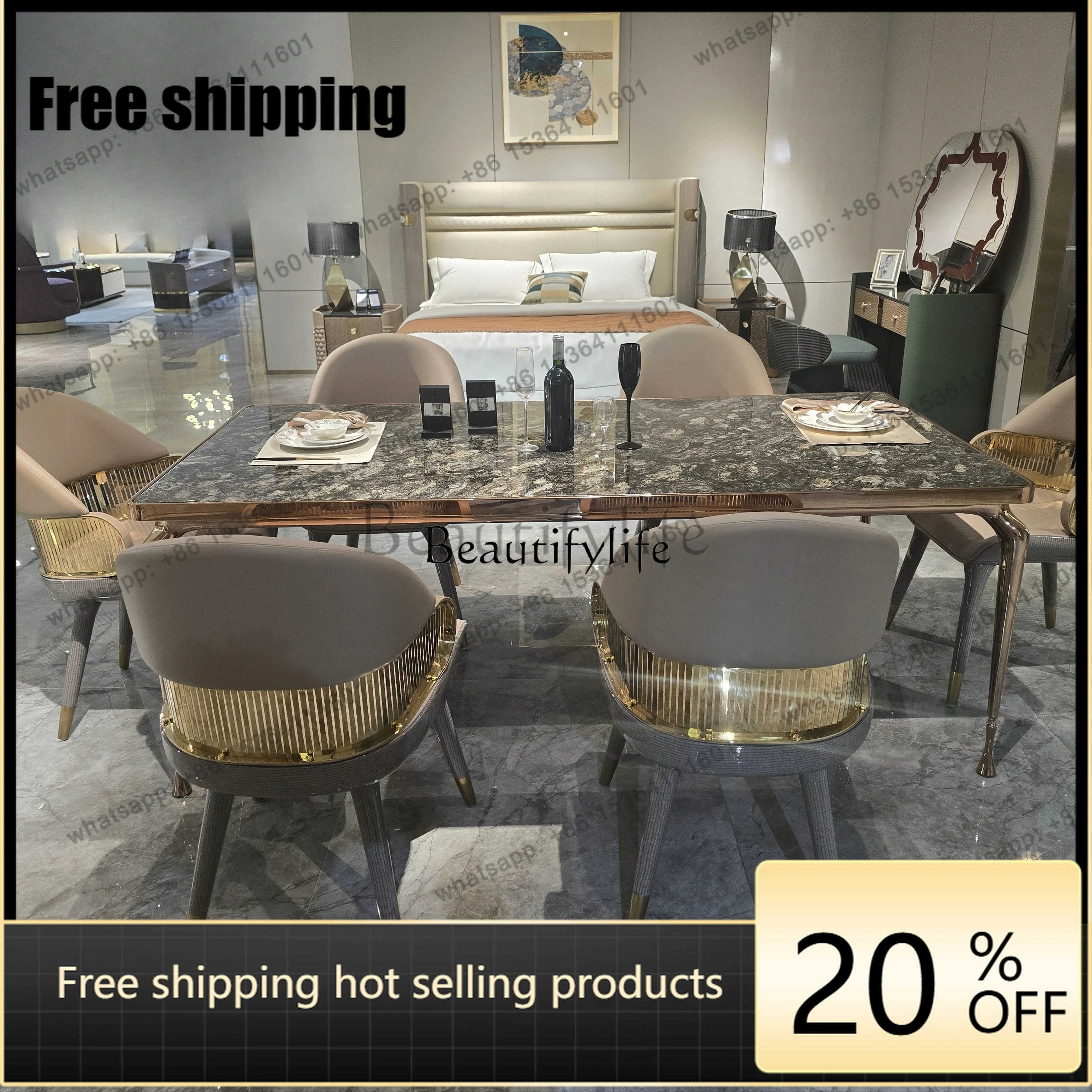 Factory DirectItalian light luxury villa high-end natural luxury stone stainless steel marble dining table