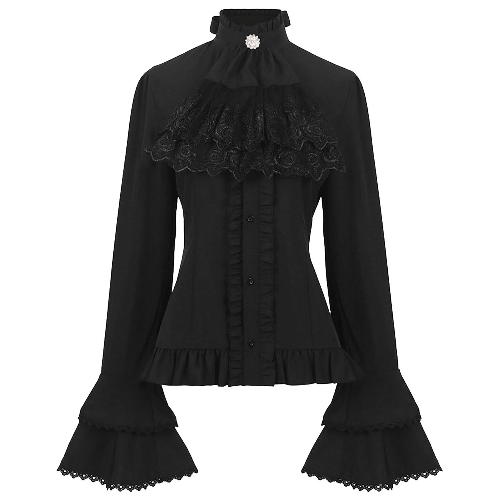 Medieval Women\'s Victorian Shirt Top Punk Retro Pleated Lace Stitching Shirt Female Clothing Long Sleeved Ruffle Collar Shirt