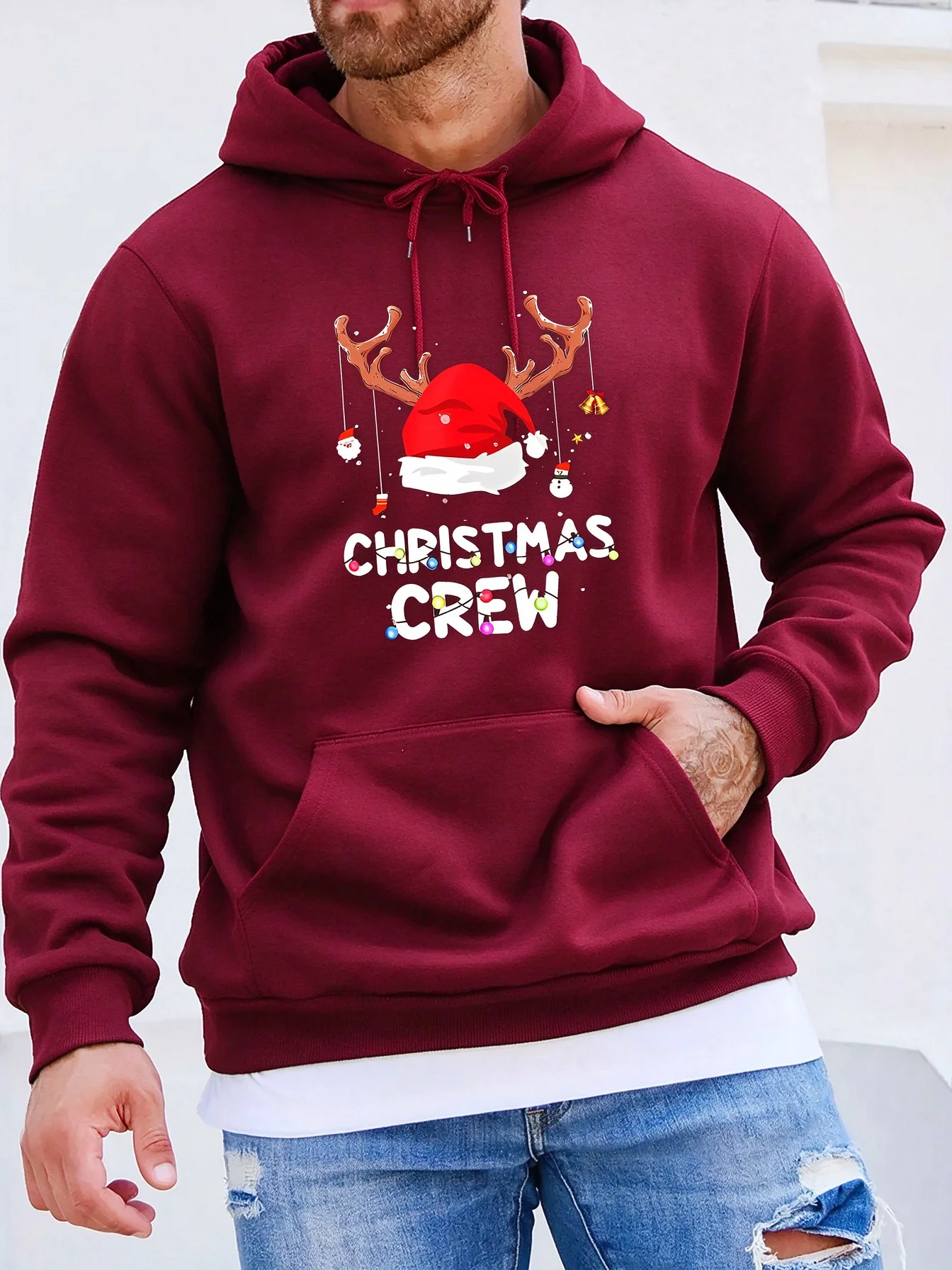 Christmas Crew Hoodie Festive Santa Hat Print Casual Lettering Holiday Sweatshirt Casual Long Sleeve Pullover with Pockets