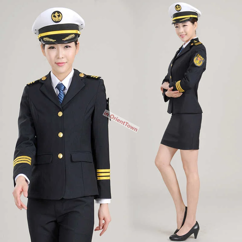 Female Captain Professional Blue Uniform Single Breasted Sailor Work Coat Pants Skirt University Sailing Student Attire in025
