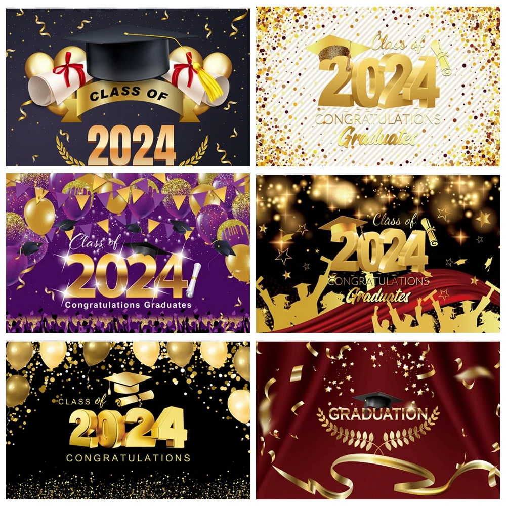 Class of 2024 Graduation Photography Background Gold and Black Hat Balloon Graduation Congratulations Prom Banner Backgroud