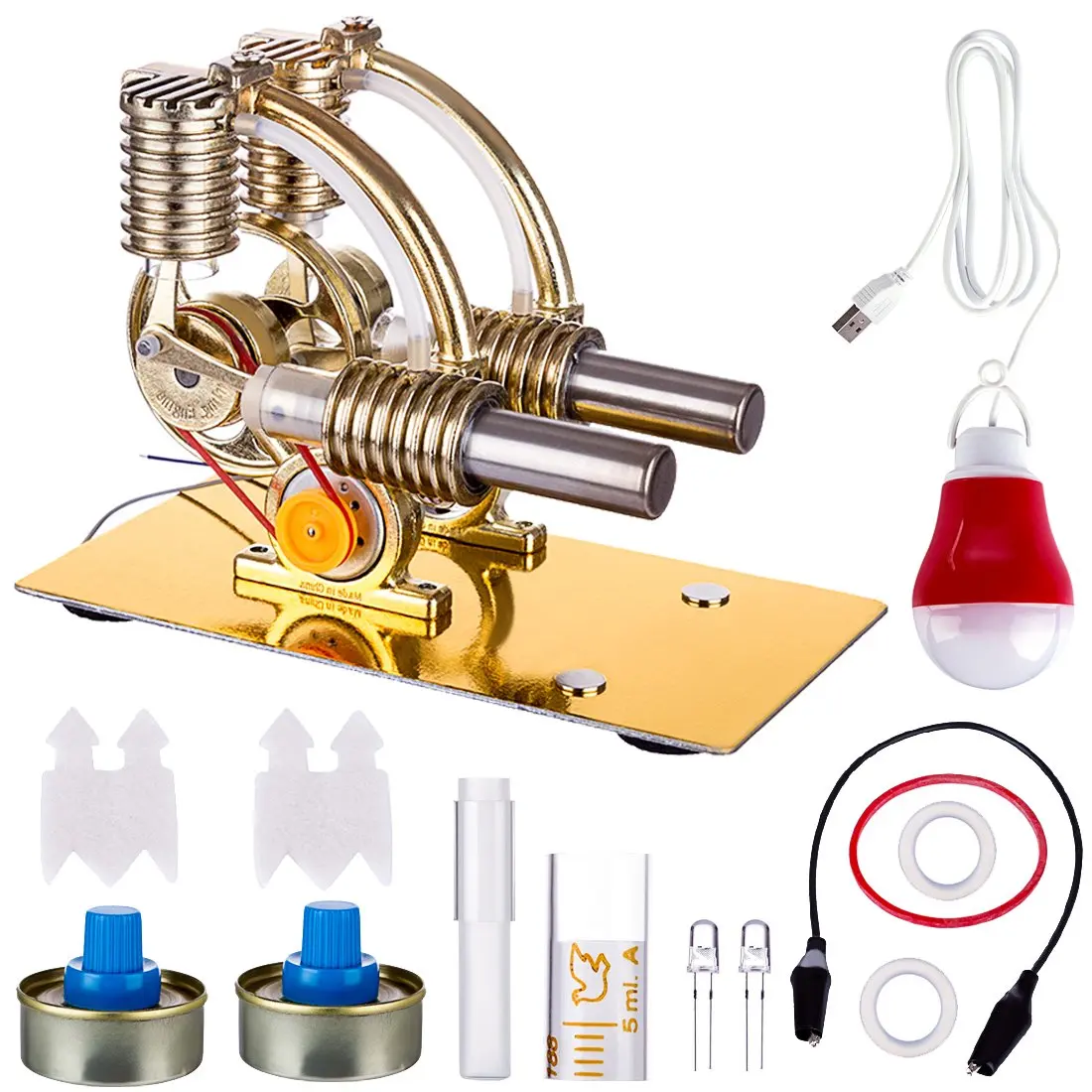 Stirling Engine L-Shape Two Cylinder External Combustion Engine with Bulb