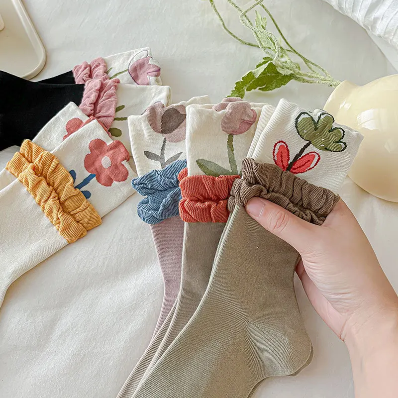 Tulips Women Cotton Socks Girls Korean JK Japanese Fashion Lacework Sweet Girls Kawaii Cute Socks Harajuku Vintage Socks Fashion