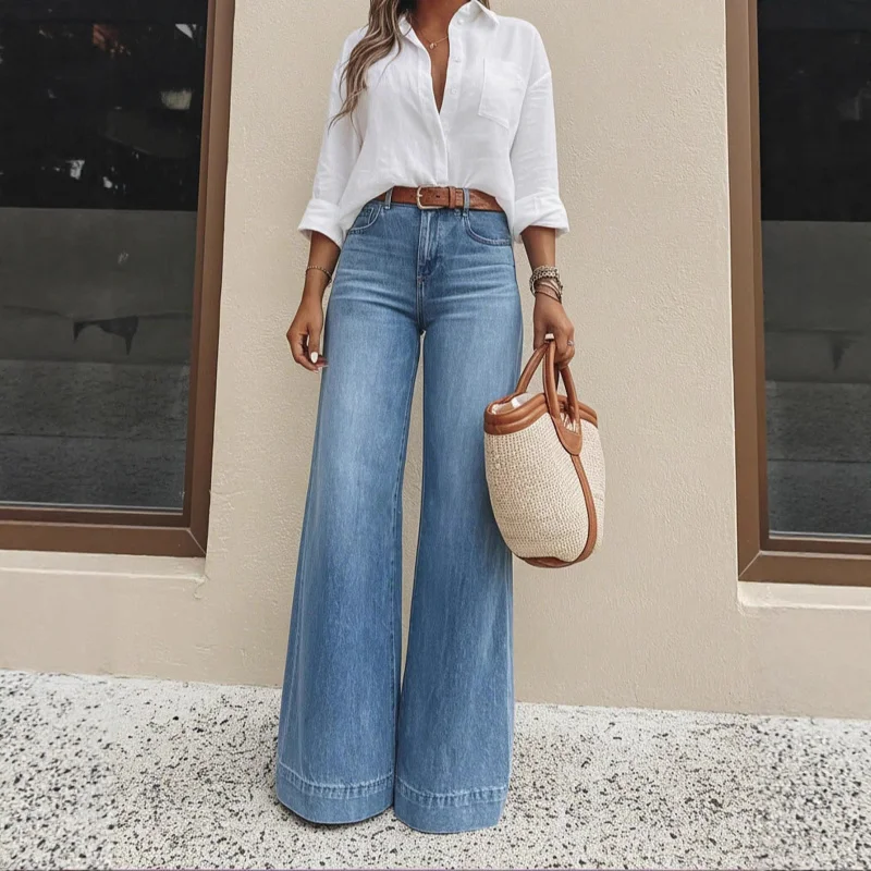 2026 Spring/Summer New Vintage Washed Casual Wide Leg Jeans, Loose and Slimming Jeans for Women