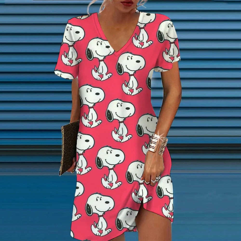 Disney Snoopy A-line V-neck Dresses For Woman Summer 3D Print Clothing Cartoon Women\'s Beach Dress Cute Sexy Beach Cool Top