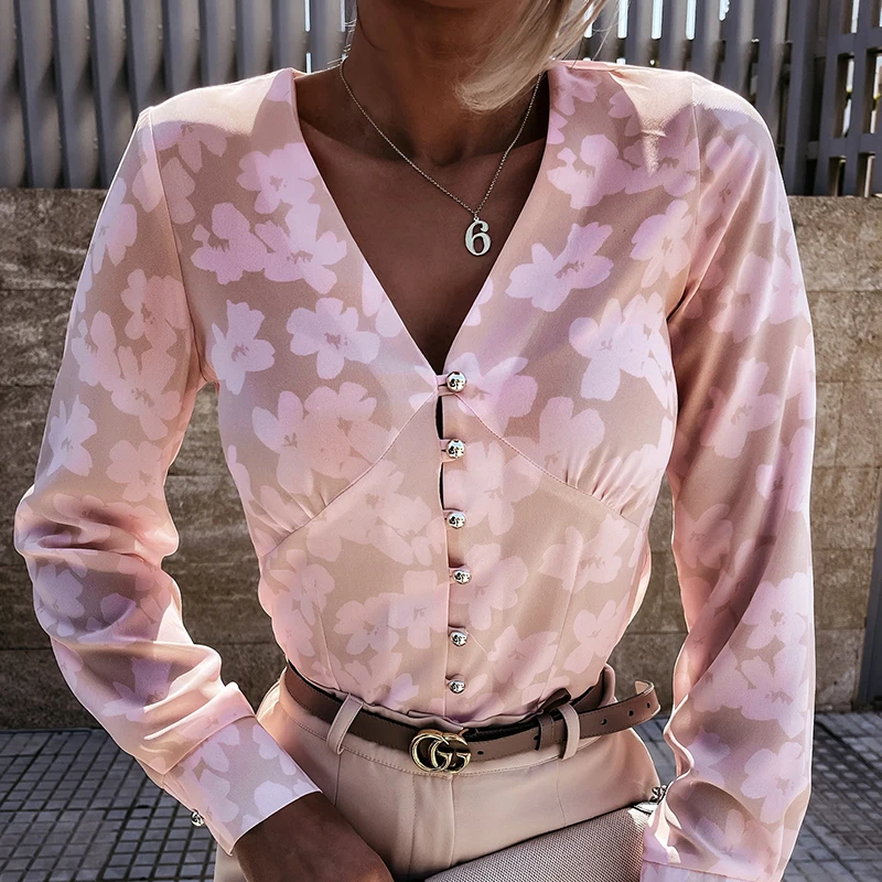 

Autumn New plus Size Slim Fit Print Sexy V Neck Long Sleeve Single Button Shirt Street Style Women's Premium Fashion Blouse