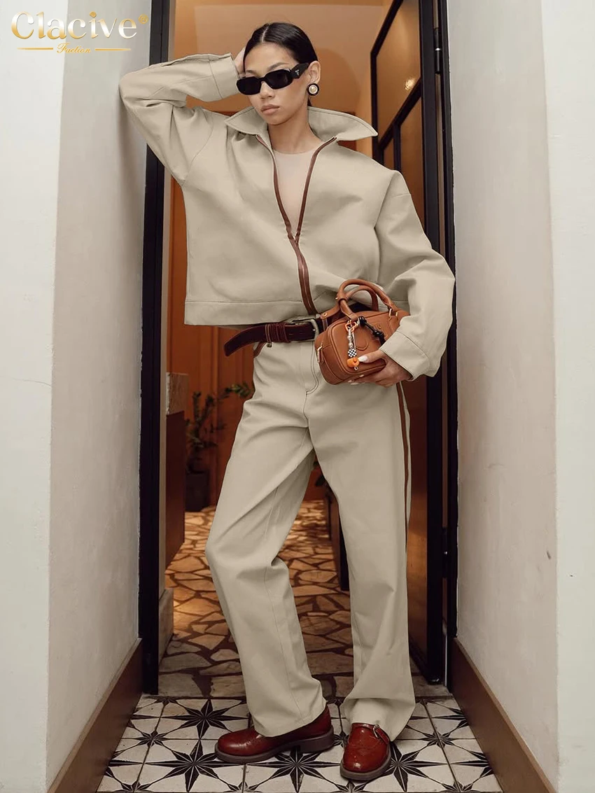 

Clacive Fashion Loose Khaki Cotton Women's Two Pieces Set 2025 Elegant Long Sleeve Shirt With High Waist Wide Pants Set Female