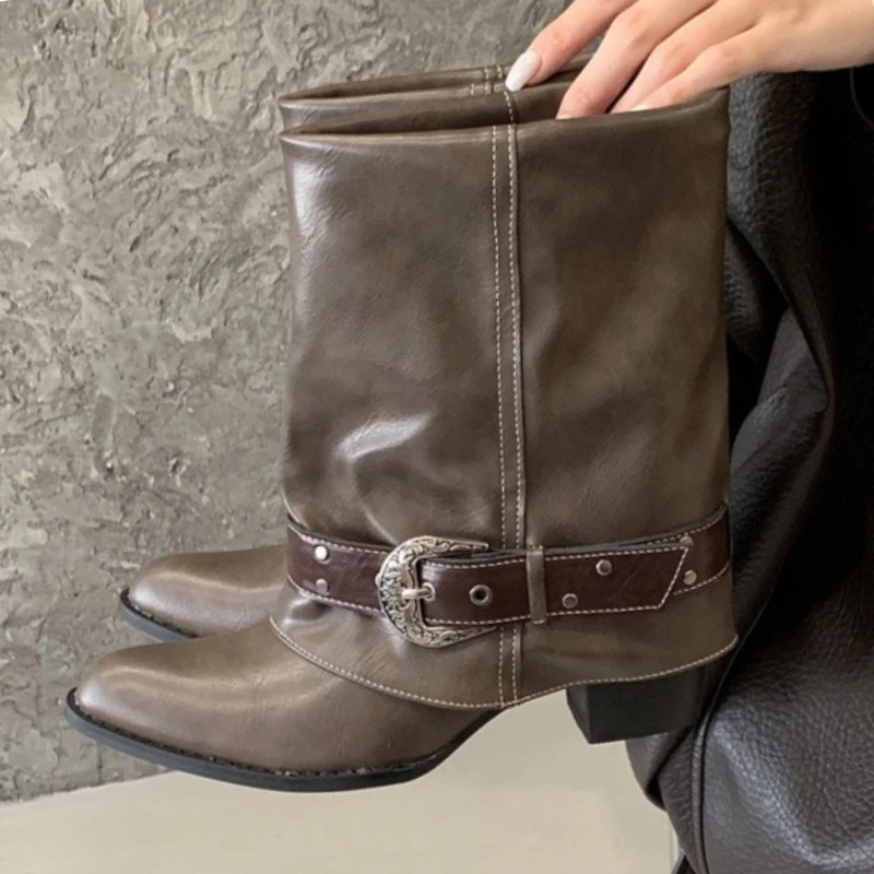 الجدة مشبك برشام الديكور حذاء من الجلد النساء موضة أشار تو أحذية رعاة البقر الغربية مريحة مقاوم للماء منصة الأحذية #3