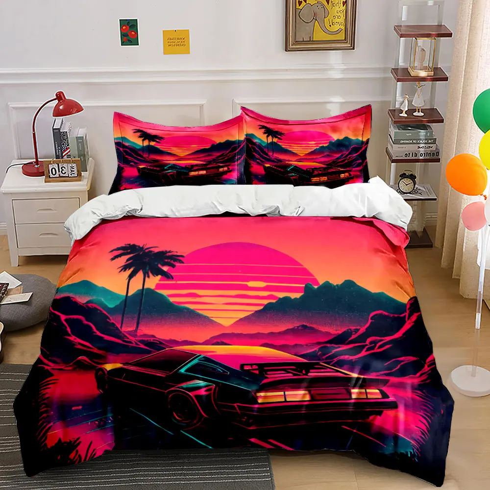 Neon Sunset Car Mountain Scene Pattern Duvet Cover Set Digital Print Colorful Polyester Bedding with Zipper Closur for kids gift