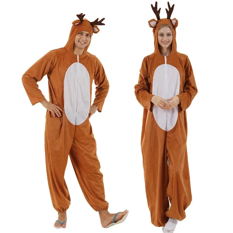 

New Adults Kids Christmas Elk Hooded Jumpsuit Reindeer Cosplay Costume Men Women Funny Bodysuit Party Carnival Halloween Costume