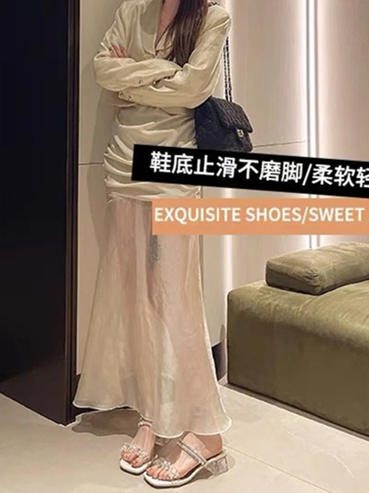 Fashion Brand Summer Women Square High Heels Slides Mules Sweet Female Open Toe Slippers Mujer Vacation Shoes Sexy New sandals