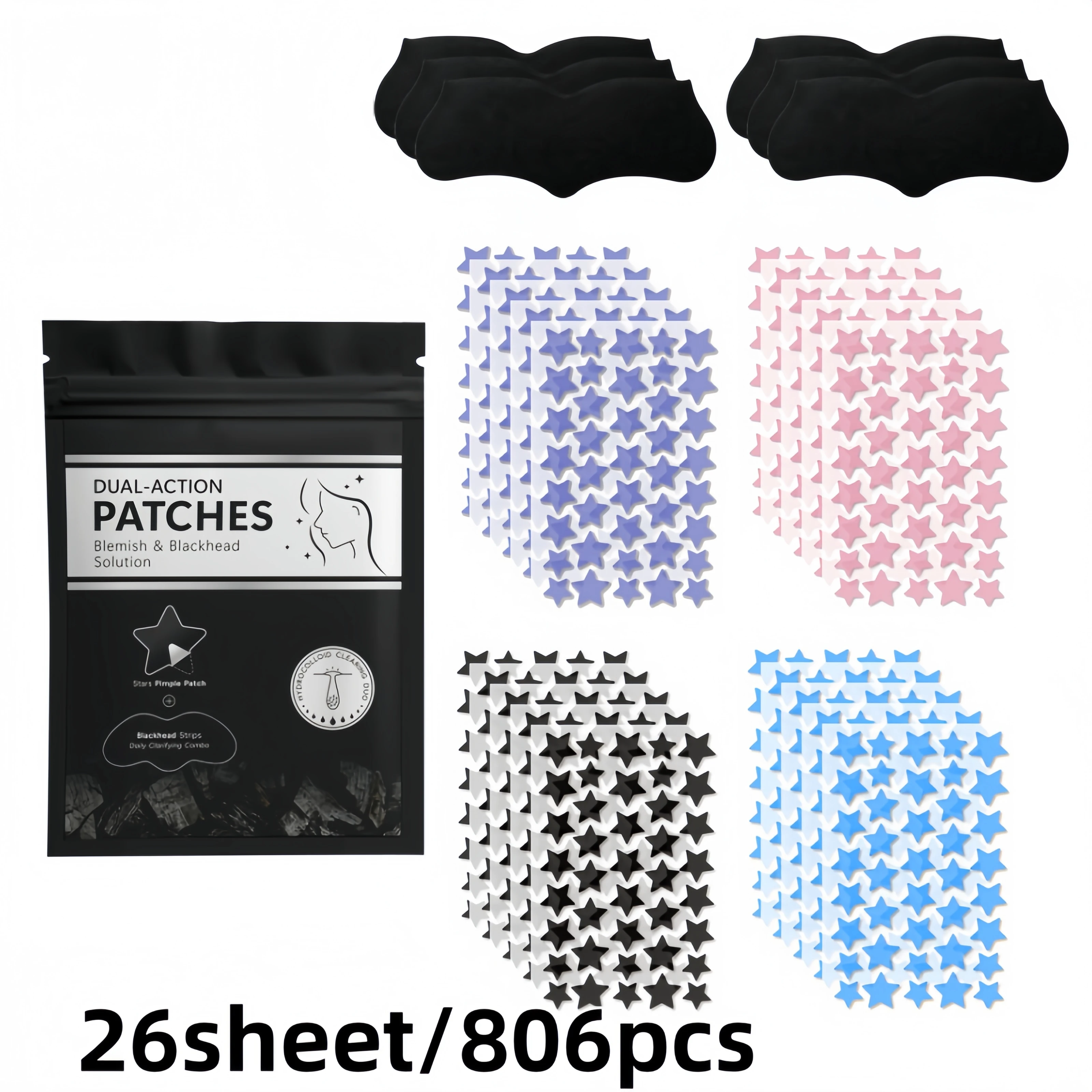 26 Sheets 806Pcs Face Beauty Sticker Set, Star Shaped Color Covers with Nose Strips for Women