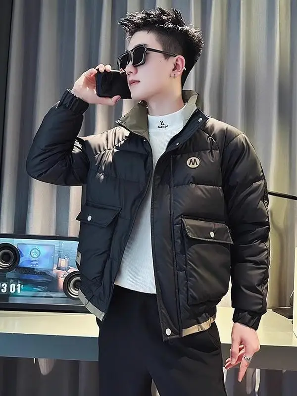 

Winter Fashionable Men's Cotton Jacket Stand Collar Slim Fit Color Block Handsome Casual Stylish Polyester Inner Coat