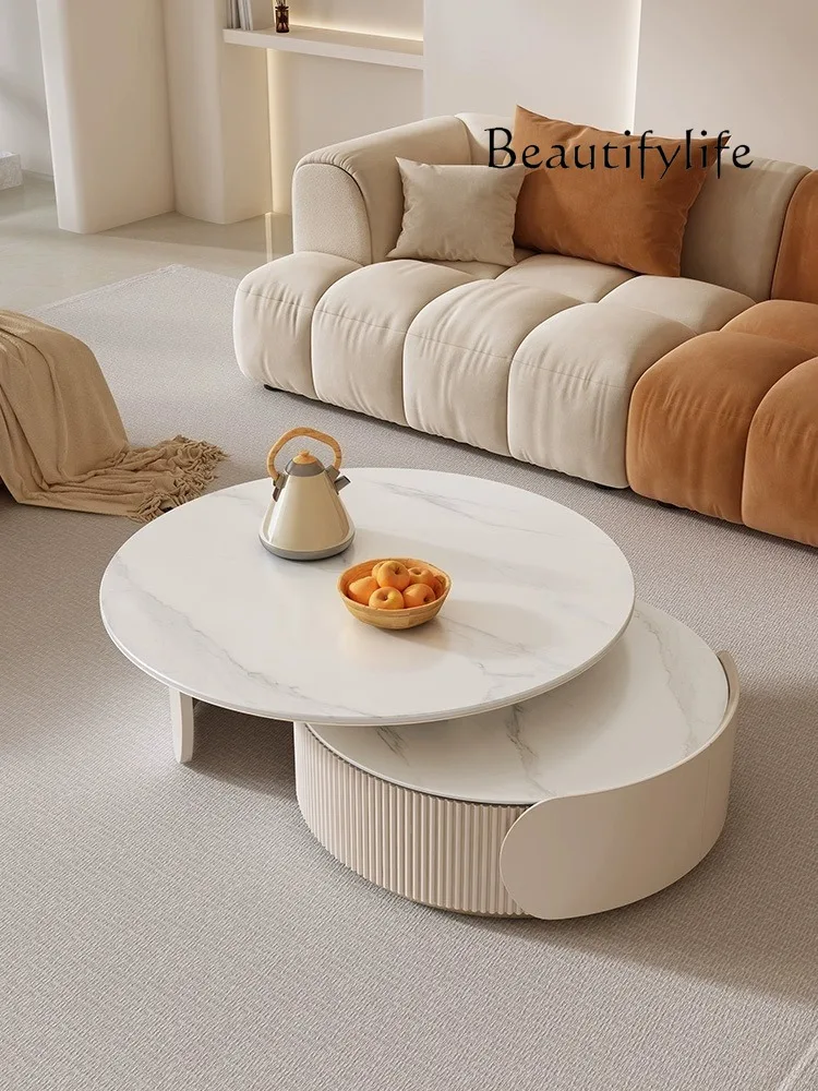 

Nordic Small Apartment Cream Style Modern Stone Plate round Retractable Coffee Table
