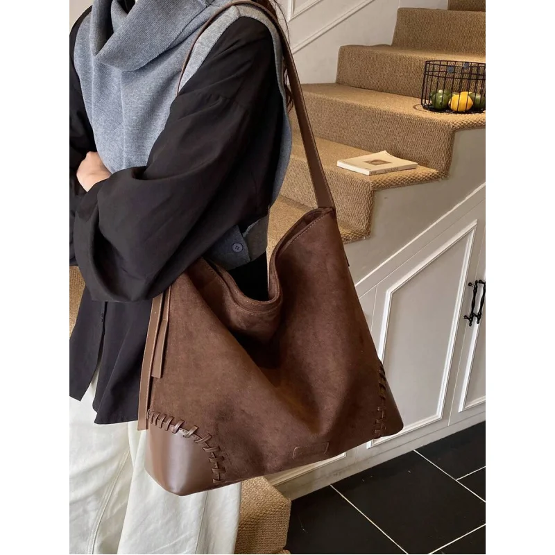 

New Brown Suede-Like Material One Shoulder Bag With Stitching Decor, Large Capacity, Zipper Closure, Vintage Casual Style, Suita