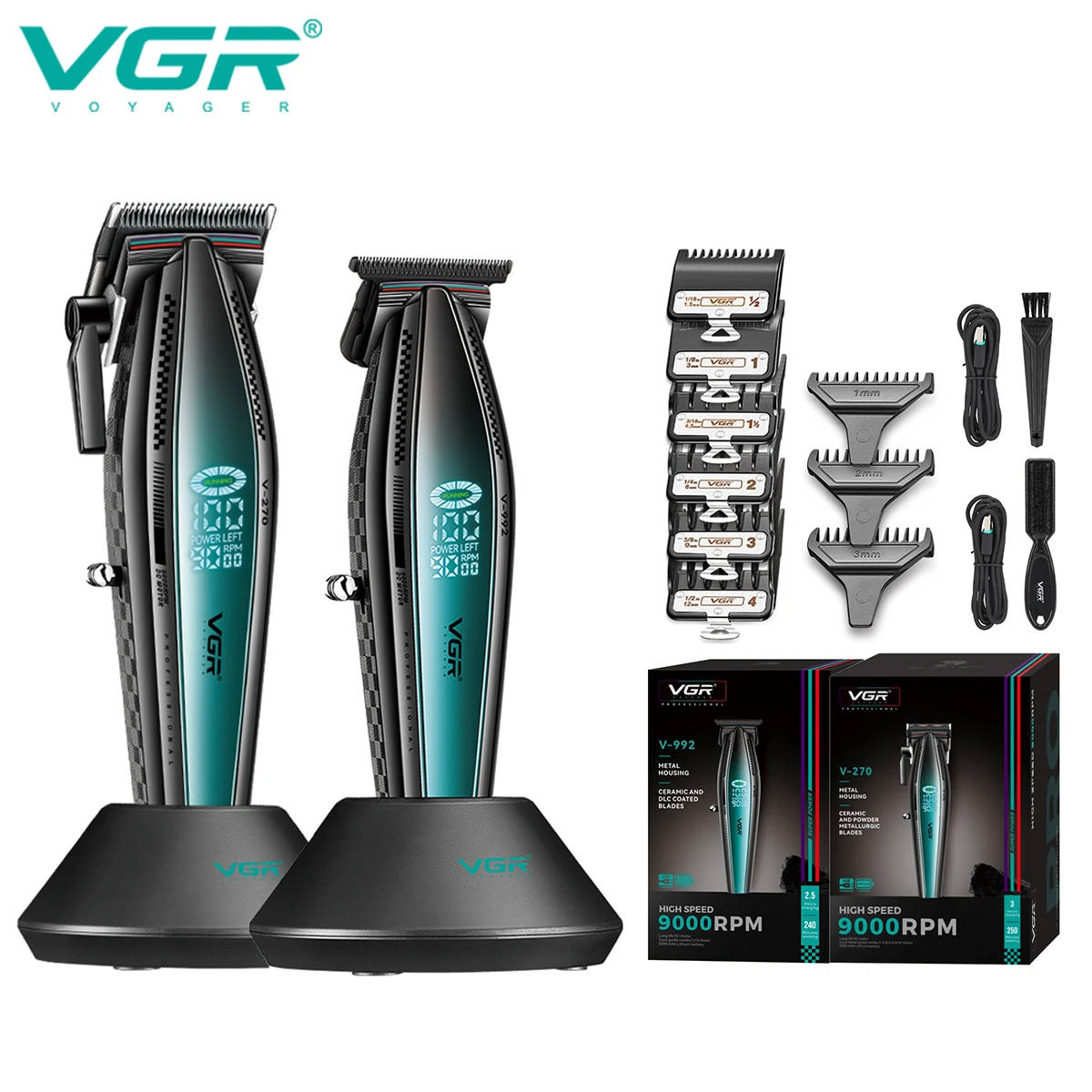 VGR V-992 V-270 high-end men's hair clipper with gradient color body, professional hair trimmer with LCD digital display and pus