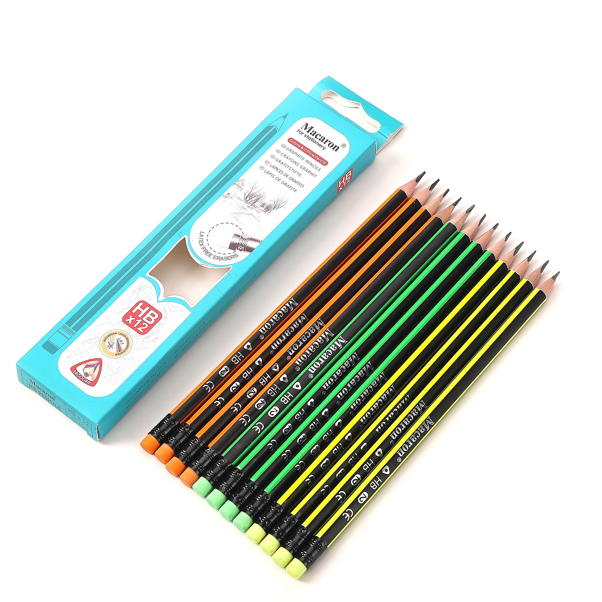 12pcs Box Wooden Lead Pencils with Top Eraser Triangle Comfortable Grip HB Pencil for School Office Writing Supplies Stationery