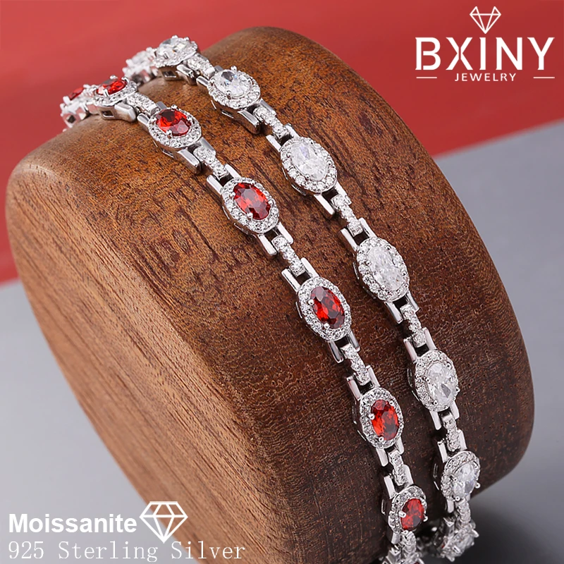 

BXINY Full Moissanite Bracelets S925 Silver Oval Cut Halo Diamond Hand Chain for Women Engagement Ruby Bangle Gifts Fine Jewelry