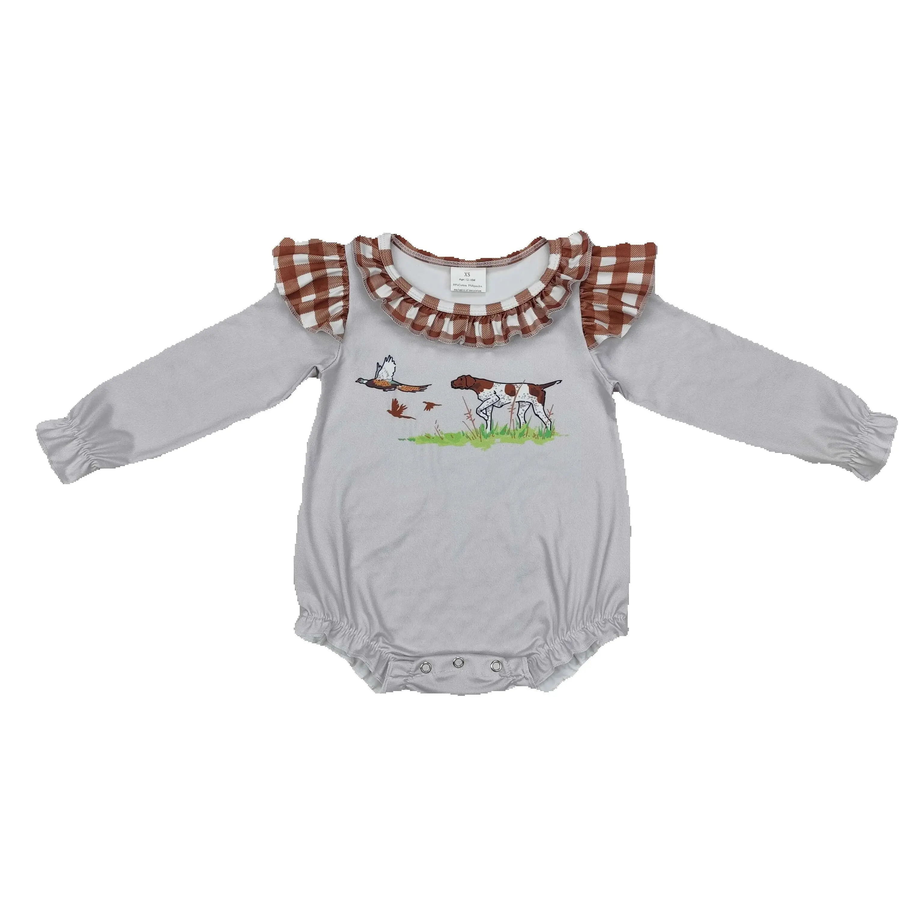 

LR2000 Boutique Kids Clothes Baby Girl Clothes Long Sleeves duck puppy brown plaid gray print With Jumpsuit Children Clothes