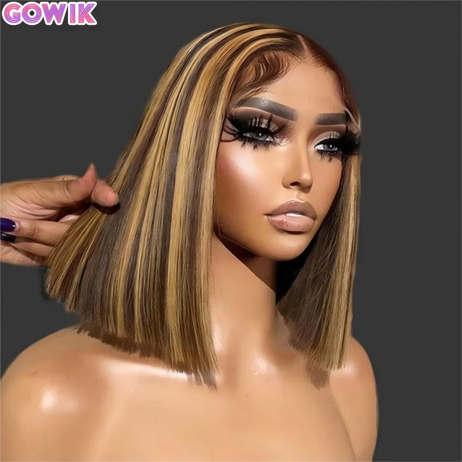 

Прямой парик-объемка омбре из натуральных бразильских волос 12А, короткий, с предварительно выщипанными линиями, цвет 4/27 медово-блонд, HD 13x4, прозрачный кружевной фронтальный парик