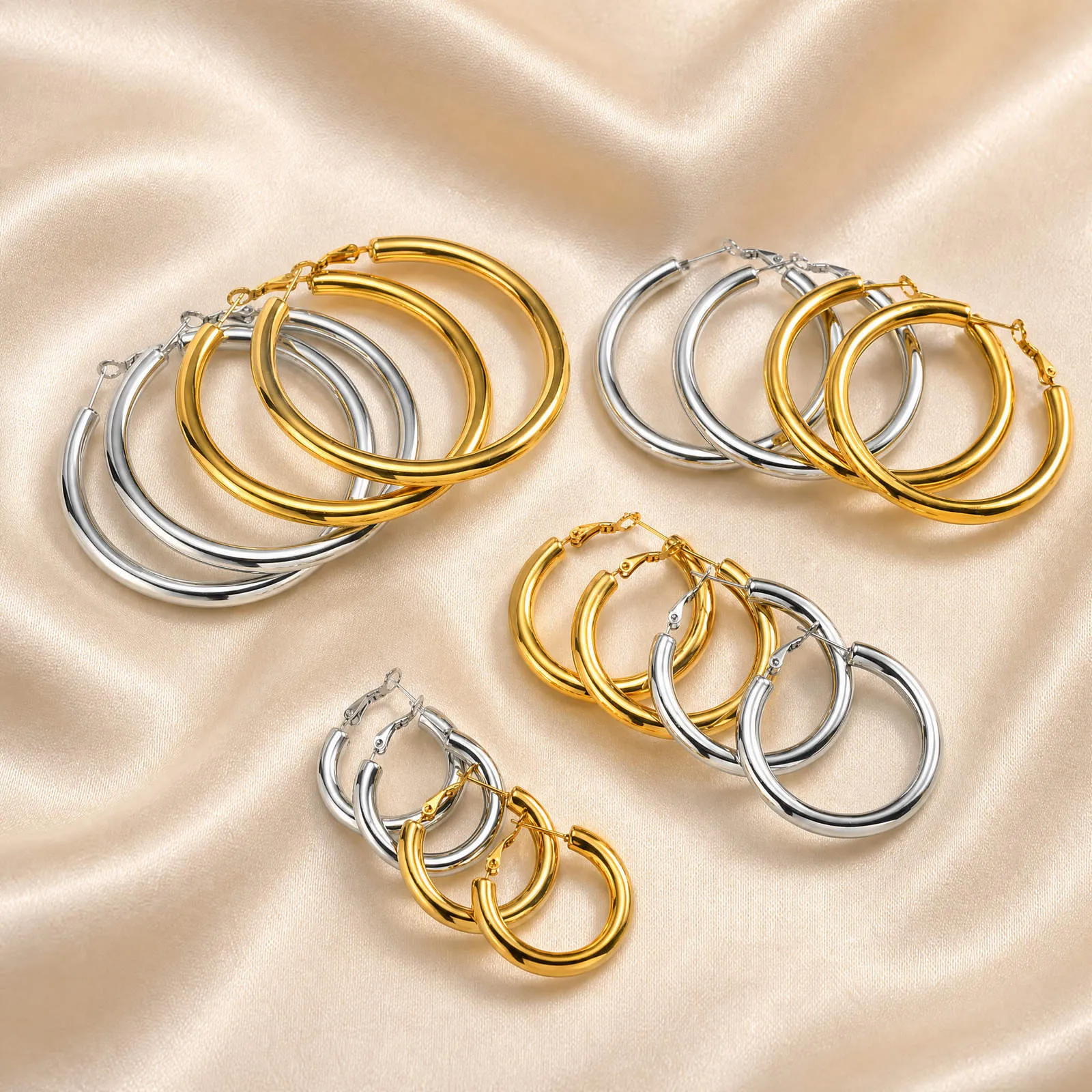 Vnox Minimalist Round Tube Hoop Earrings for Women,Trendy Chunky Stainless Steel Hollow Earrings 30/40/50/60MM Hypoallergenic