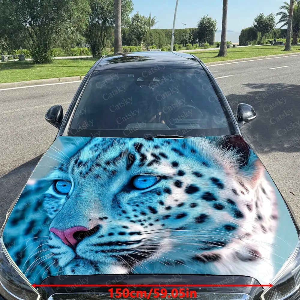Blue Eyed Ice Blue Cheetah Car Hood Vinyl Wraps, PVC Waterproof Car Bonnet Decals, Self-Adhesive Scratch-Resistant Stickers For