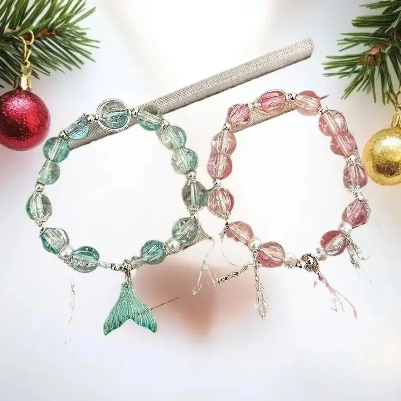 الكورية الوردي كريستال الزهور عقد بحلية متدلية على شكل فراشة سوار مُزين بالخرز للنساء الحلو الخرز سلسلة أساور صديقة مجوهرات هدايا #2