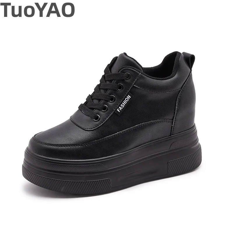 10cm Synthetic Genuine Leather Sneakers Women Spring Autumn Black Comfortable Platform Wedge Pumps High Brand Chunky Ankle Boots