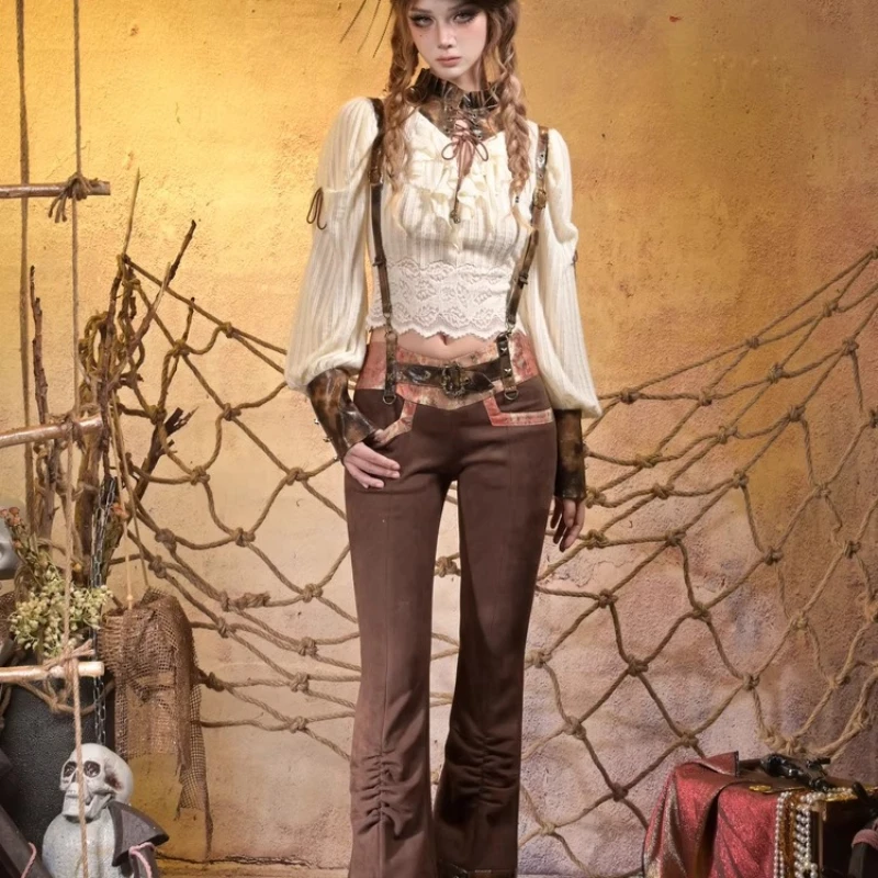 Punk Design Low Waist Hot Girl Lace Retro Flared Trousers Original Design 2025 Autumn New Sweet Cool Versatile Overalls Ladies
