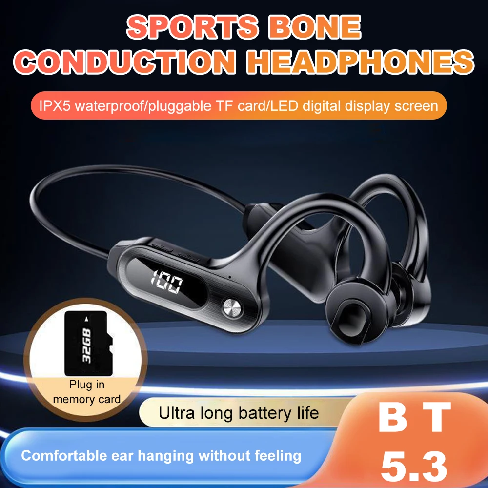 Bluetooth 5.3 Bone Conduction Headphones With LED Display  Headset IPX5 Waterproof Sport Earphones EarHook Support  TF Card