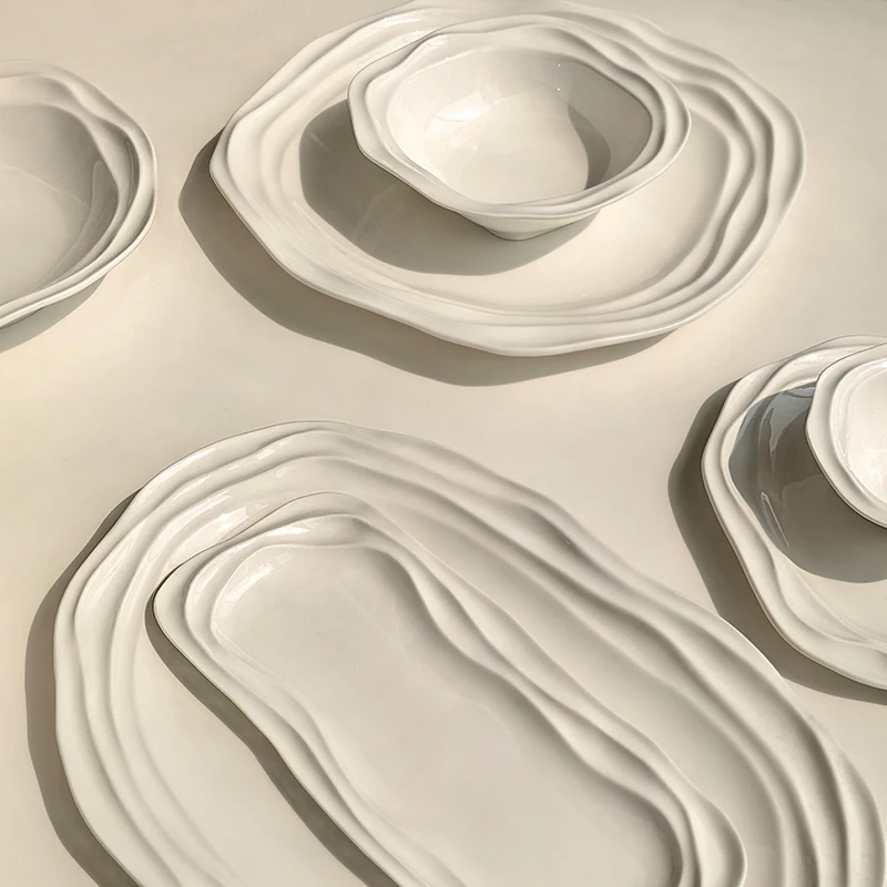 French Wave Pattern Ceramic Oval Plates - 12/10/8 Inch Tableware for Home, Breakfast, Soup, Snacks & Desserts