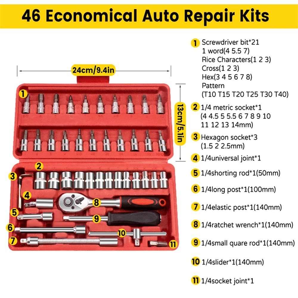 Set di chiavi a bussola da 46 pezzi Kit di strumenti di riparazione Set di chiavi a cricchetto da 1/4 pollici per Set di strumenti di riparazione di auto e moto