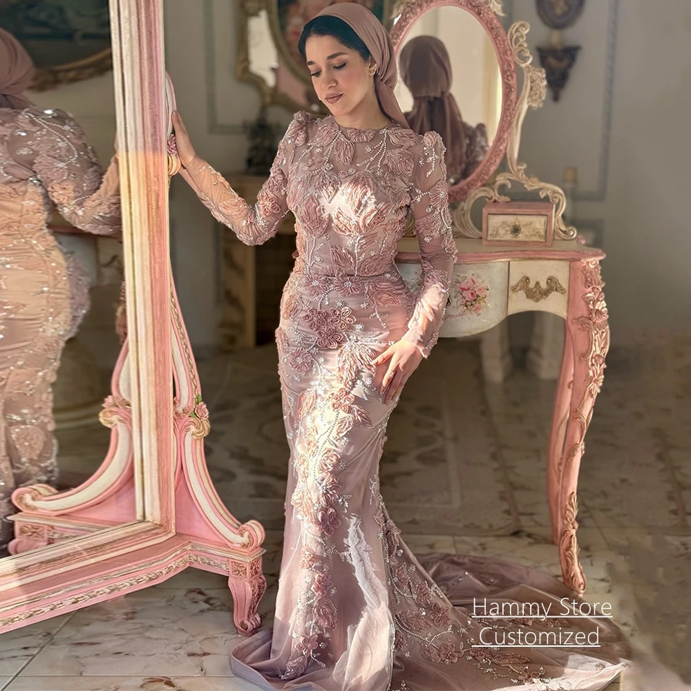 Customized Lace Mermaid Prom Dresses Fashion Long Sleeves Round Neck Beading Sequined Sweep Train Woman Party Gowns