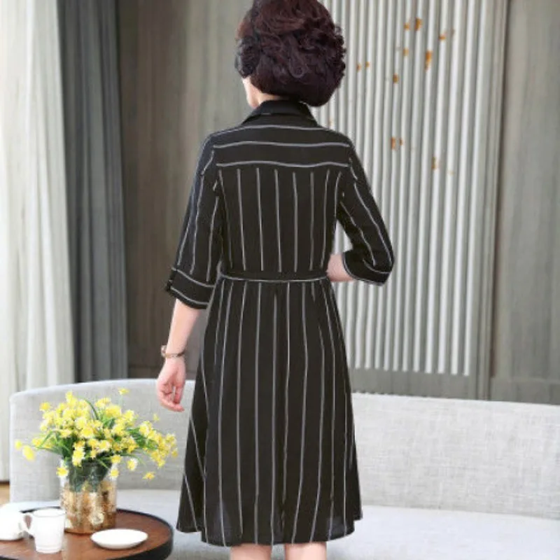 2024 Summer New Women's Fashion Commute Square Neck Spliced Striped Shirring Drawstring Button Half Sleeve Slim Fit A-line Dress image 5