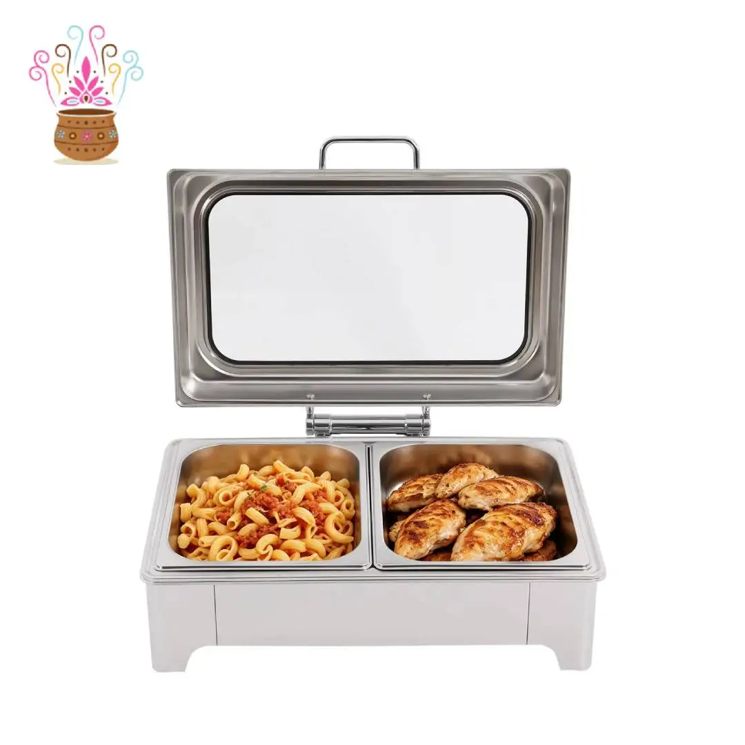 Rectangular Electric Chafing Dish, 110V 400W 9L Dual Food Pan Buffet Warmer 9-speed Temp Control Hydraulic Glass Lid 35-80℃ Catering Food Server