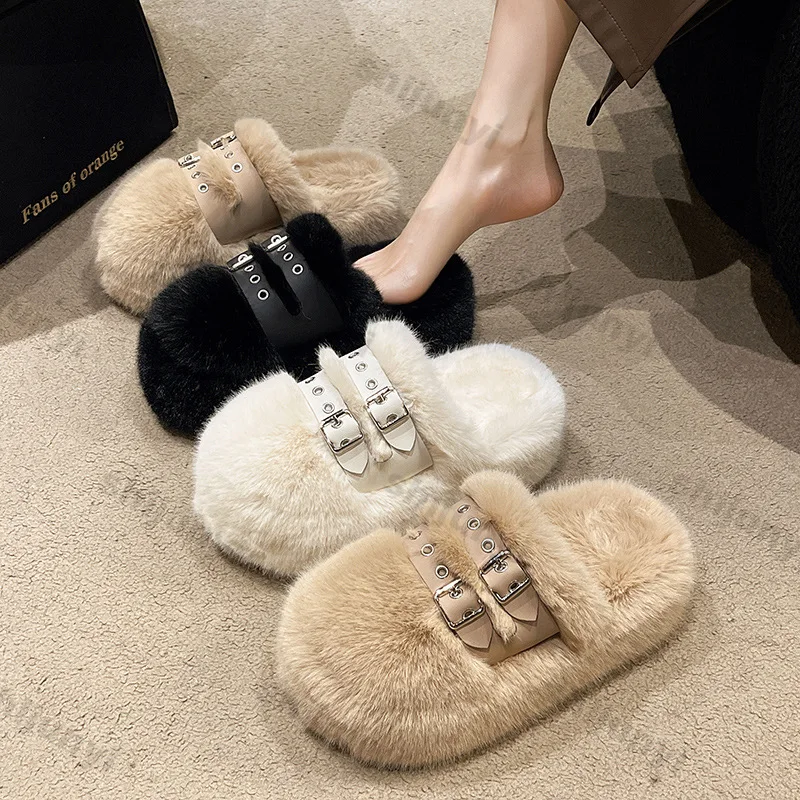 Women Furry Belt Buckle Slippers Winter Fashion Thick Sole Flats Ladies Casual Slip on Bedroom Slides Soft Outdoor Half Slippers