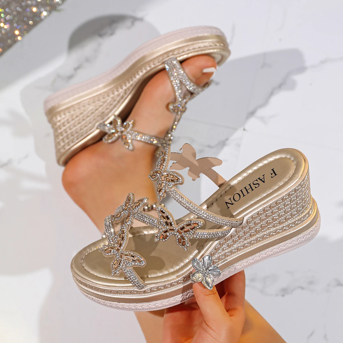 Women Wedge Sandals Platform Fashionable Butterfly Decoration Sandals Rhinestones Fashion Shoes for Women Trend Designer Shoes