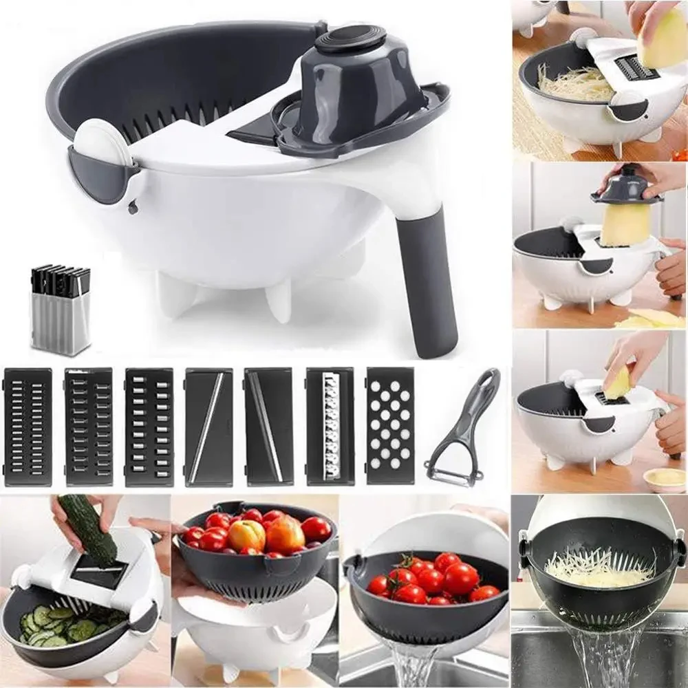 LMETJMA 9 in 1 Multifunctional Magic Rotate Vegetable Slicer with 2L Drain Basket Veggie Fruit Shredder Grater Slicer KC0291