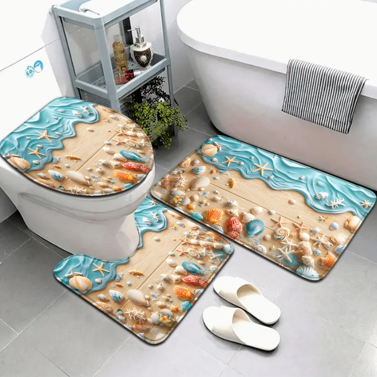 

Набор для ванной комнаты Coastal Seashell — мягкий и нескользящий контурный коврик, чехол для унитаза и коврик для ванны для домашнего декора в пляжном стиле