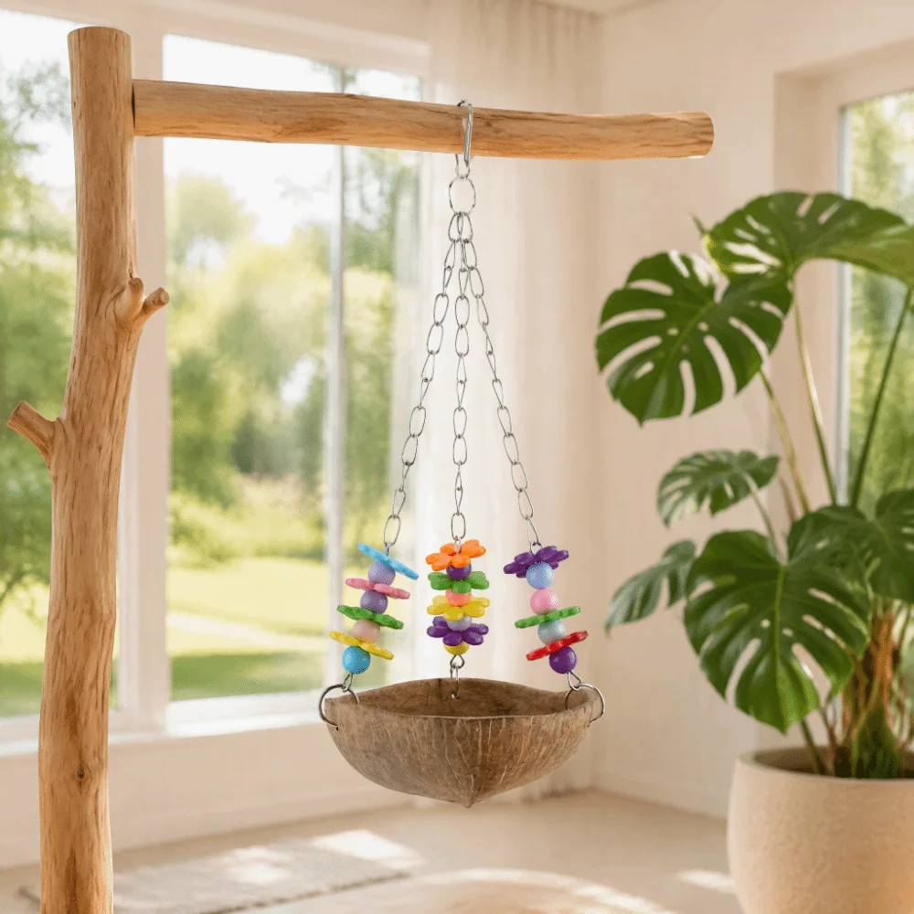 PureHandwoven Coconut Shell Swing Toy Straw Fiber With Bells Bird Nest Swing Wire Cage Hanging Breeding Nest PureWood Swing