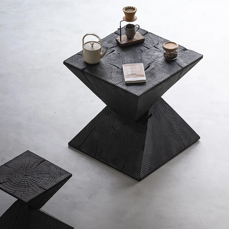 Wabi **** wind carbonized black coffee table B & B retro coffee solid wood tea log minimalist design square