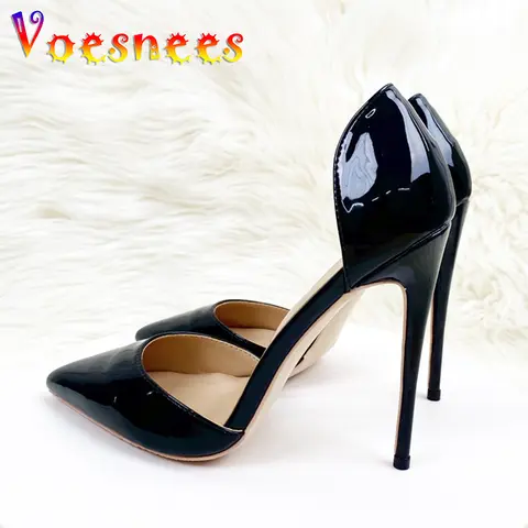 Summer Side Empty Office Shoes For Women Sexy Pointed Toe Thin Heel Sandals  8/ 10/ 12CM Black Lacquer Leather High Heels Pumps