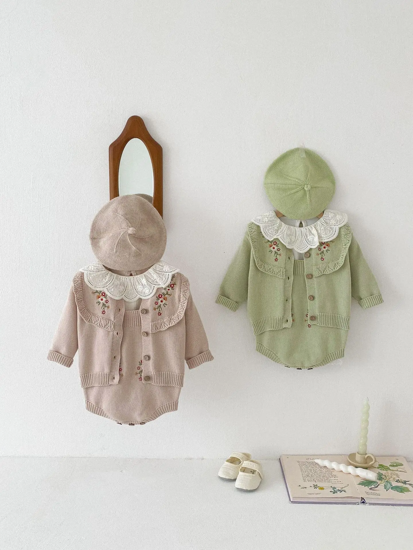 2024 Autumn New Baby Girl Flower Embroidery Knitted Set Newborn Cardigan Coat + Sling Bodysuit 2pcs Suit Infant Toddler Outfits