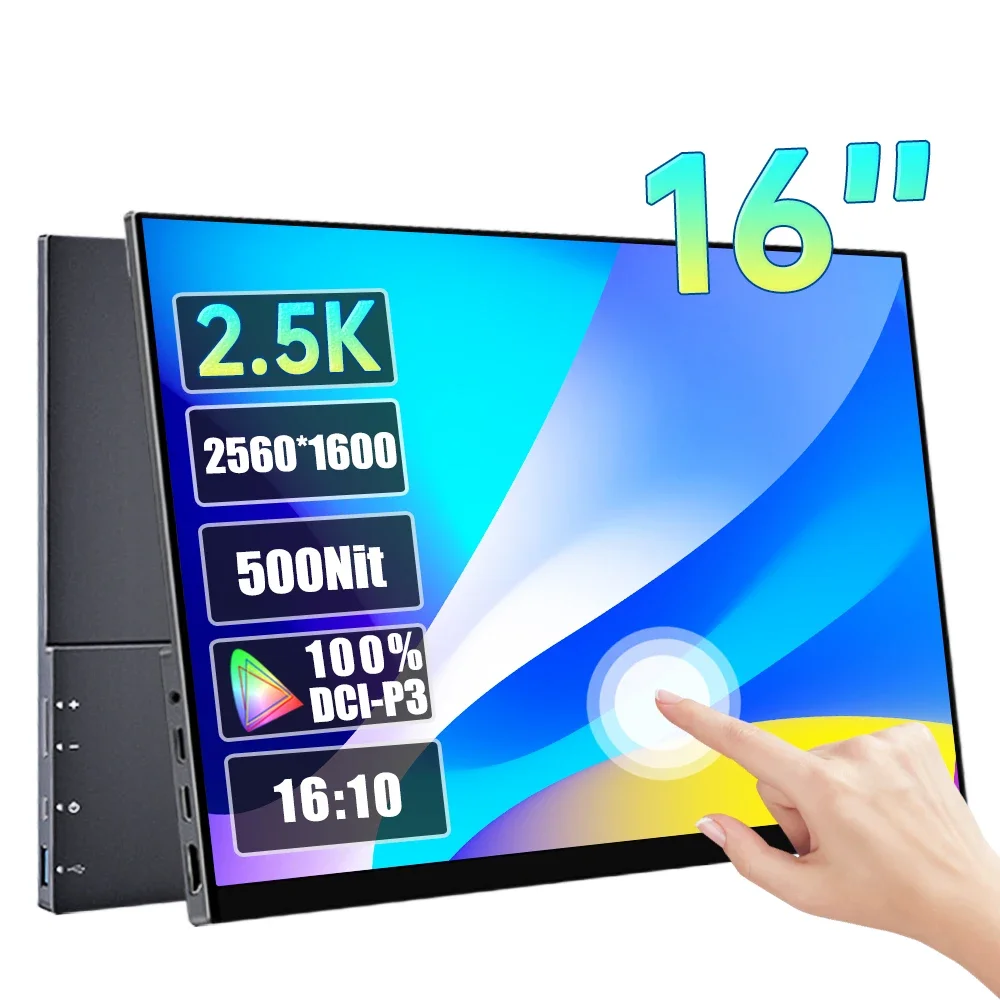 

16 Inch 2.5K Touch Screen Portable Monitor 2560*1600P 16:10 100%DCI-P3 HDR 500Nit Gaming Display For Laptop PC Xbox Switch PS4