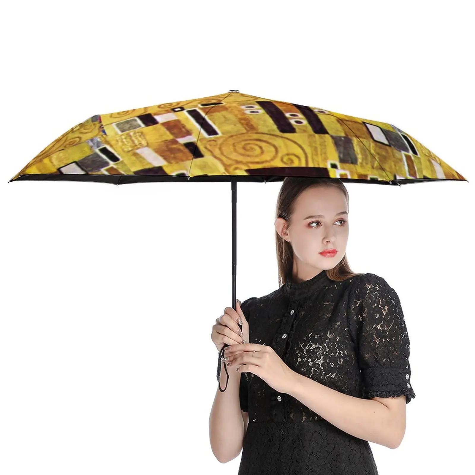 Gustav Klimt Umbrella The Kiss Pattern Windproof Sun Umbrella Aesthetic Automatic Print Folding Umbrella