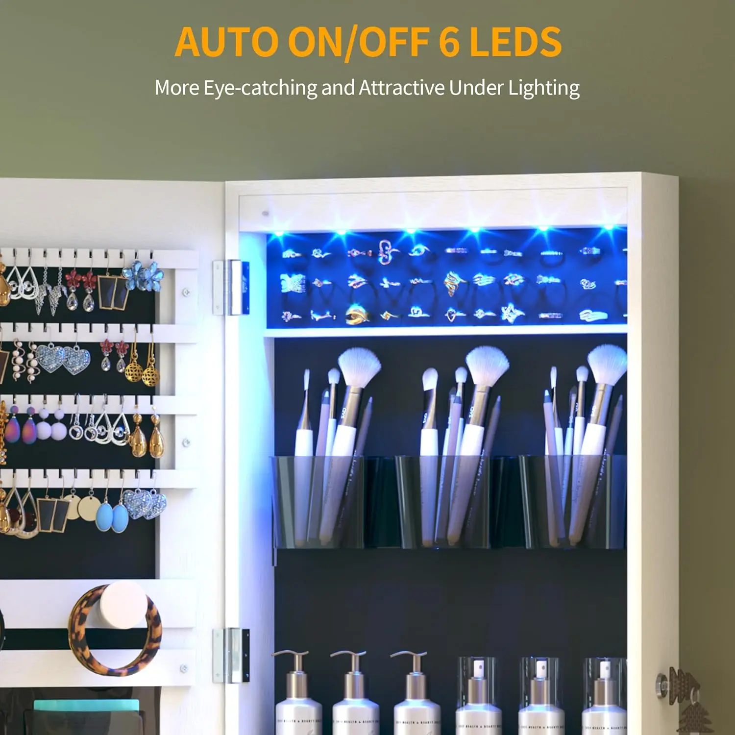 خزانة مرآة LED معلقة على الباب، خزانة تنظيم المجوهرات المثبتة على الحائط، مرآة مضاءة كاملة الطول مع مساحة تخزين المجوهرات، 3